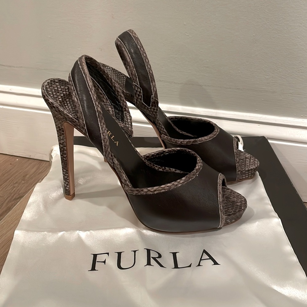 Furla exotic leather slingback open toe sandals stilettos platform heels